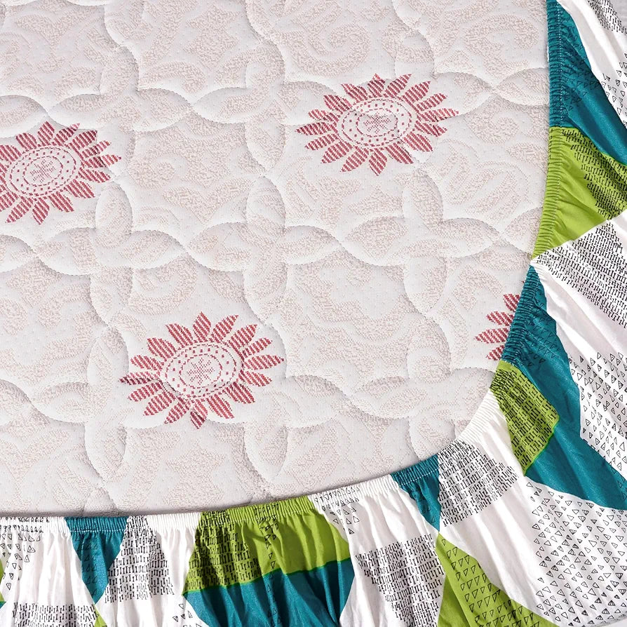 Divine Casa Green and Blue Abstarct Zig Zag Dual Print Pattern 120 TC Glace Cotton Elastic Fitted Printed Queen Size Double Bed Bedsheet with 2 Pillow Cover for Bedroom