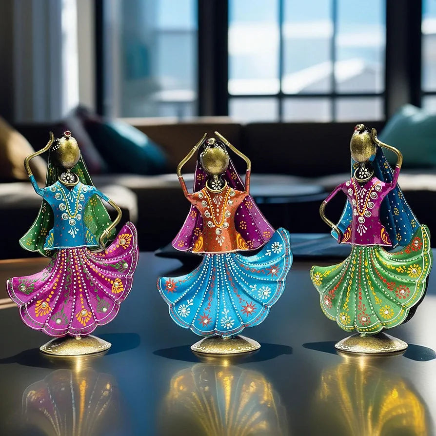 KRAFTSKALA Set of 3 Metal Figurine Dancers Home Decor Item for Living Room, Bedroom, Wedding Festive Housewarming Gift Showpiece Rajasthani Dancing Dolls