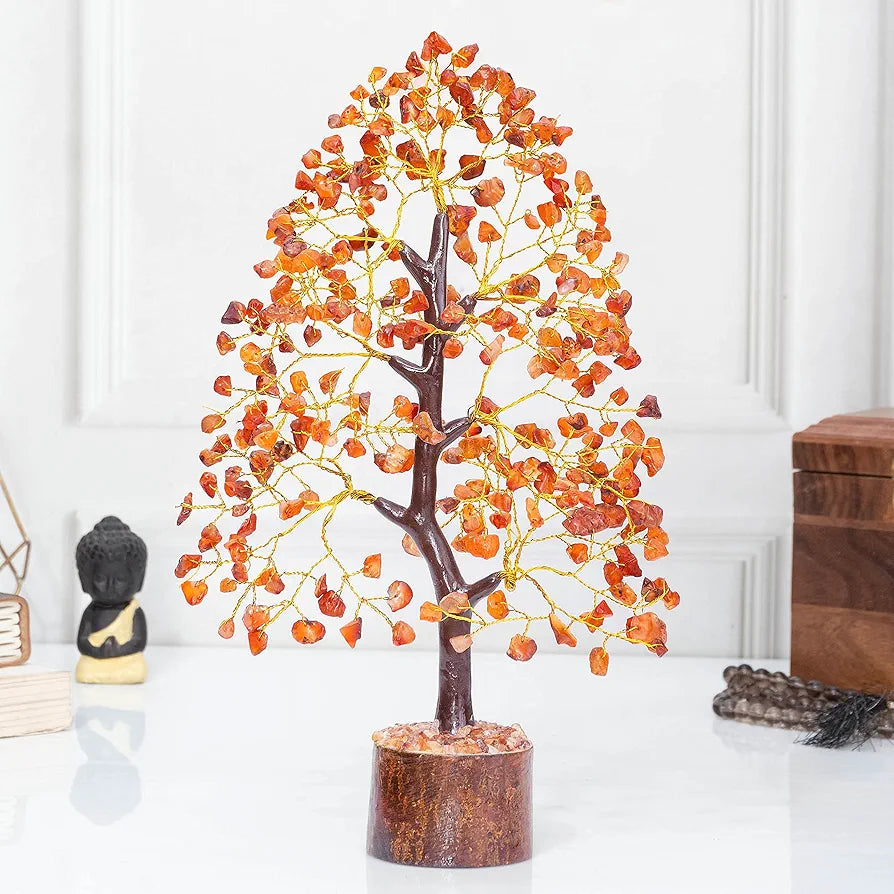 HindCraft Carnelian Chakra Crystal Tree Good Luck Showpiece for Home Decor Items Crystals Gemstones Bonsai Money Tree for Good Luck, Decoration Gift Item, Golden Wire, 10-12 inch
