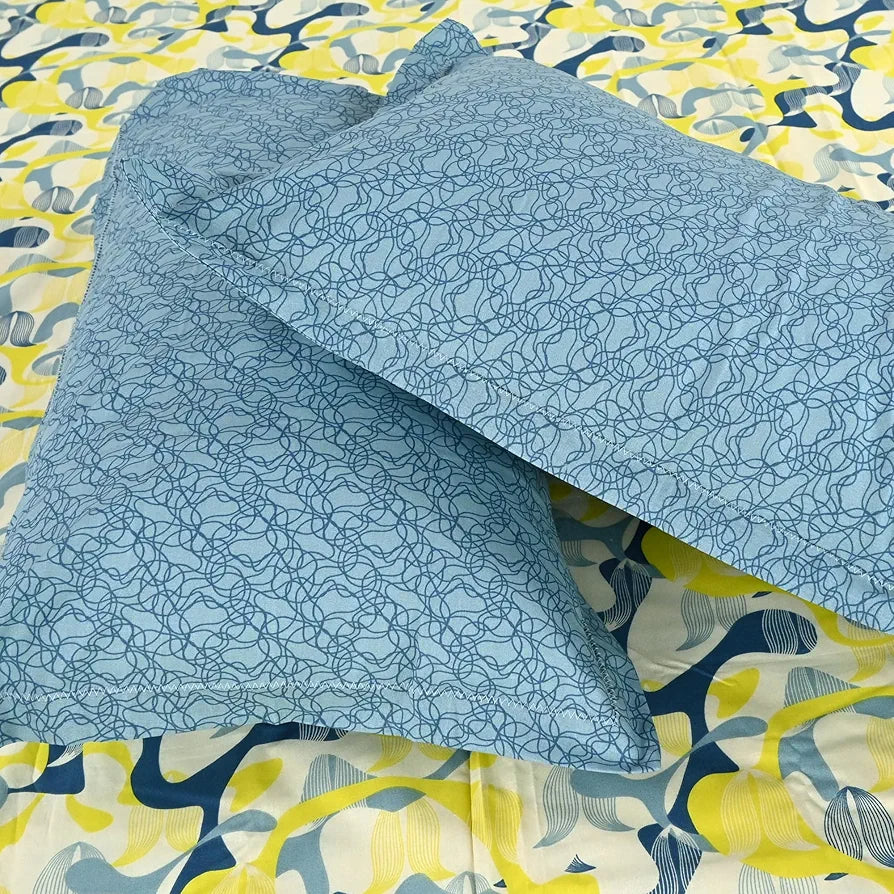 Divine Casa 144 TC 100% Pure Cotton Queen Size Double Bed Bedsheet with 2 Pillow Covers | Soft, Durable & All-Weather Comfortable Easy Care Sheet | Size 222 x 254 CM | Geo Petals | Sky Blue Lemon