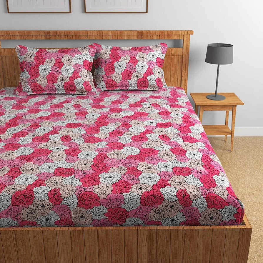 Homefab India 160 TC Glace Cotton Double BedSheet with 2 Pillow Covers -  - Pink, Floral