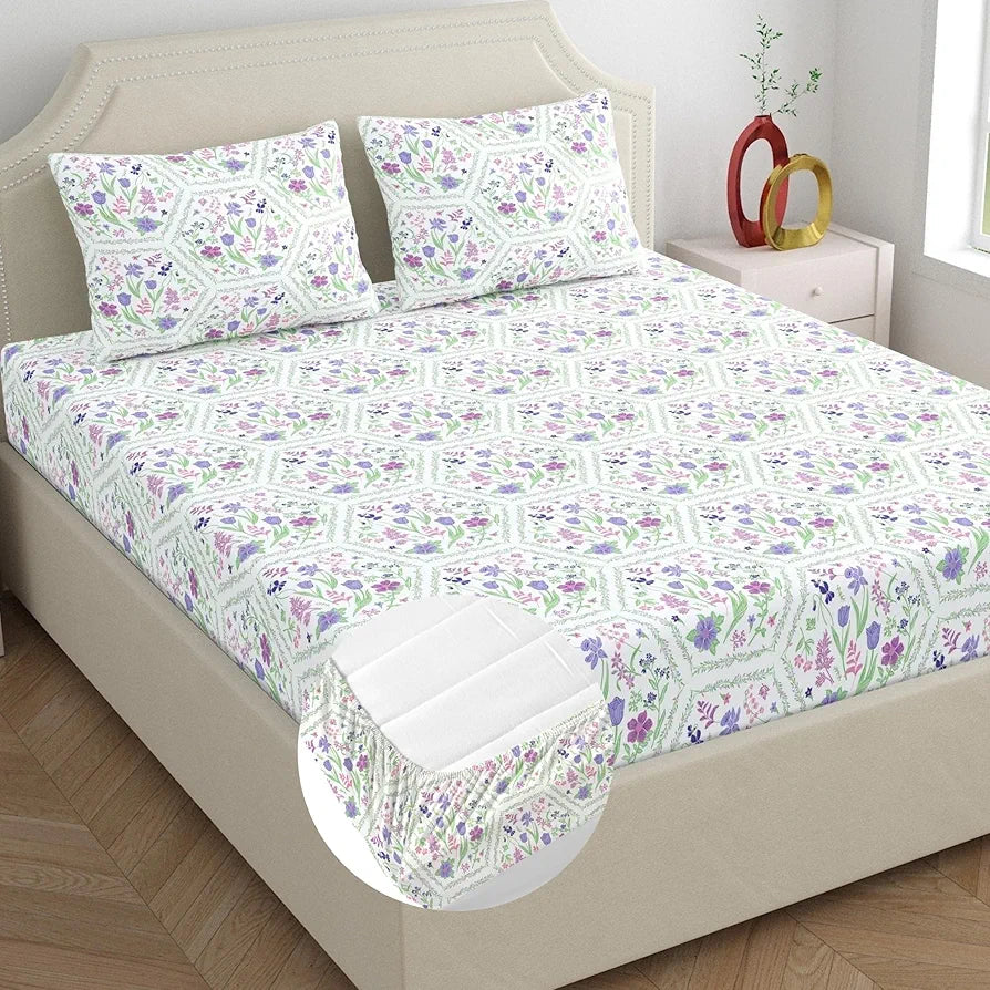 Dreamscape 100% Cotton King Fitted Bedsheet with 2 Pillow Covers - 