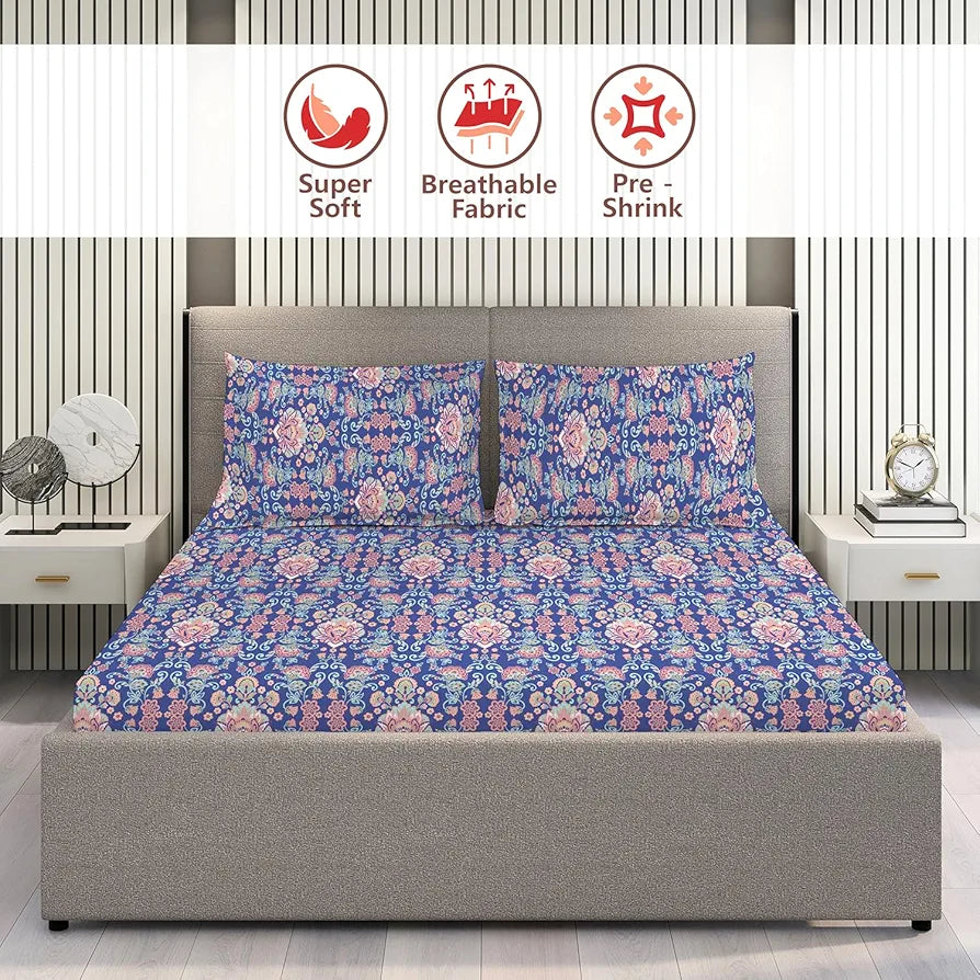 Layers Illuminating Homes 100% Cotton Bedsheet Set for All Seasons - Lightweight, Moisture Absorbent, Machine Washable & Easy to Care - 140 TC - Queen Size 