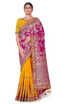 Monjolika Fashion Women's Banarasi Silk Golden Zari Woven Embroidered Saree With Embellished Unsttiched Blouse Piece