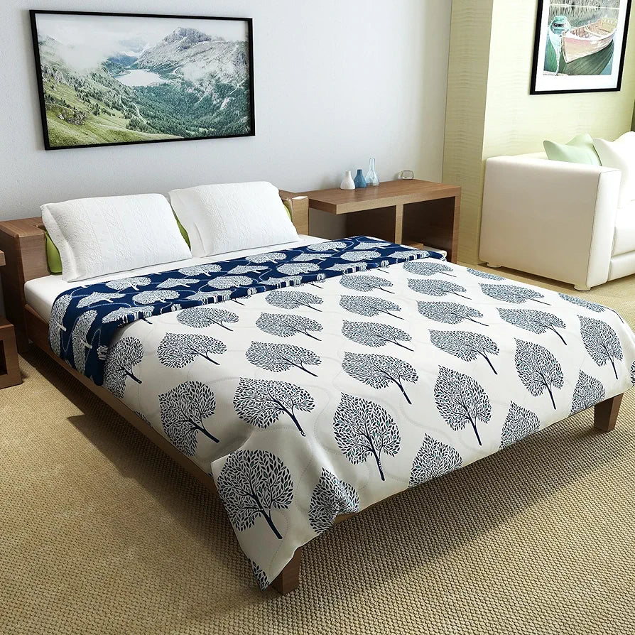 Divine Casa Reversible Double Bed Comforter | 120 GSM Microfibre AC Blanket | Lightweight All-Season Quilt for Mild Winter | Floral Clematis Blue 