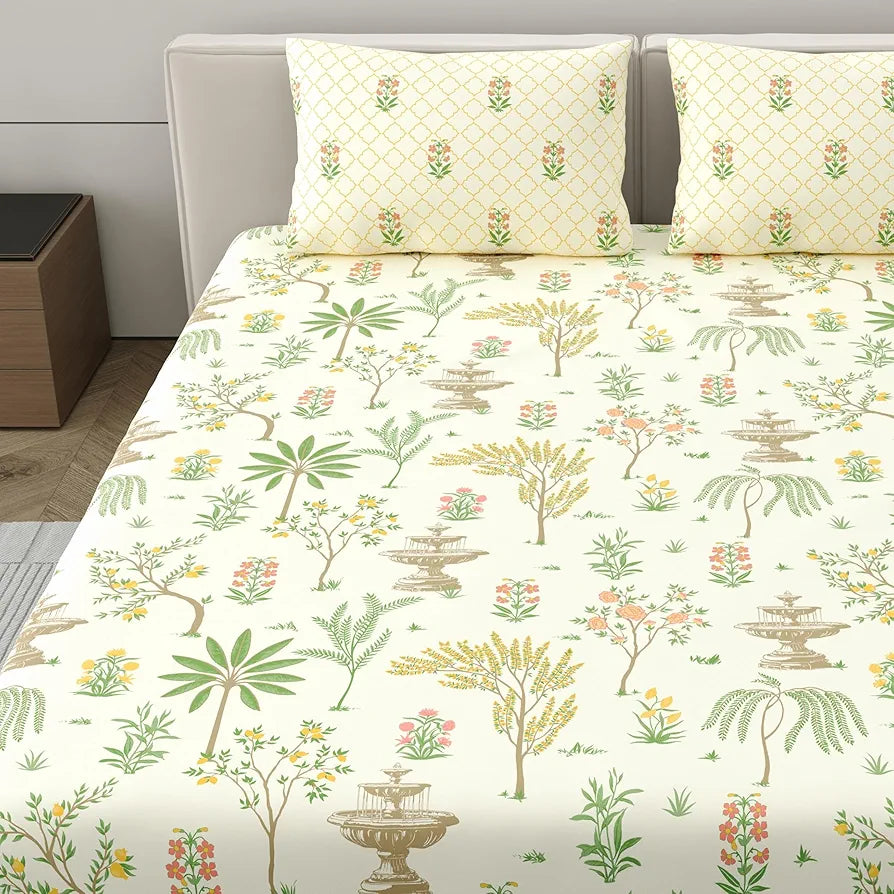 Dreamscape 100% Cotton King Fitted Bedsheet with 2 Pillow Covers - 