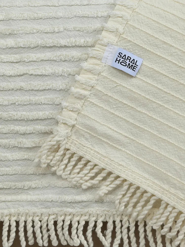 Saral Home BARKHA Stripe Cotton 1 Seater Sofa Throw, Ivory.140x125 cm