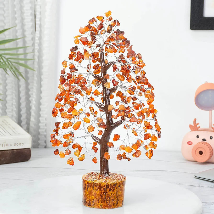 HindCraft Carnelian Chakra Crystal Tree Good Luck Showpiece for Home Decor Items Crystals Gemstones Bonsai Money Tree for Good Luck, Decoration Gift Item, Silver Wire, 10-12 inch