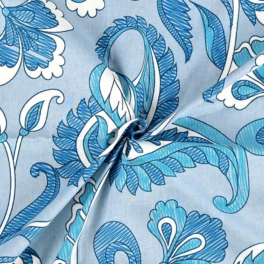 Divine Casa 144 TC 100% Pure Cotton Single Size Bedsheet with 1 Pillow Cover | Soft & Skin-Friendly Fabric for Everyday Comfort | All-Season Use | Size 223 X 145 CM | Floral Paisley | White Aqua Blue