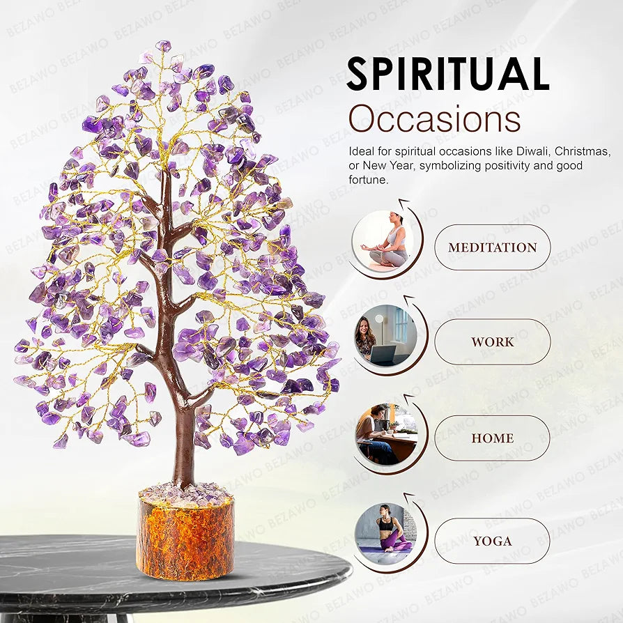 BEZAVO Amethyst Gemstone Crystal Bonsai Tree – Good Luck Money Tree for Home & Office Decor | Gift Item for Prosperity & Positive Energy – 10-12 Inch 