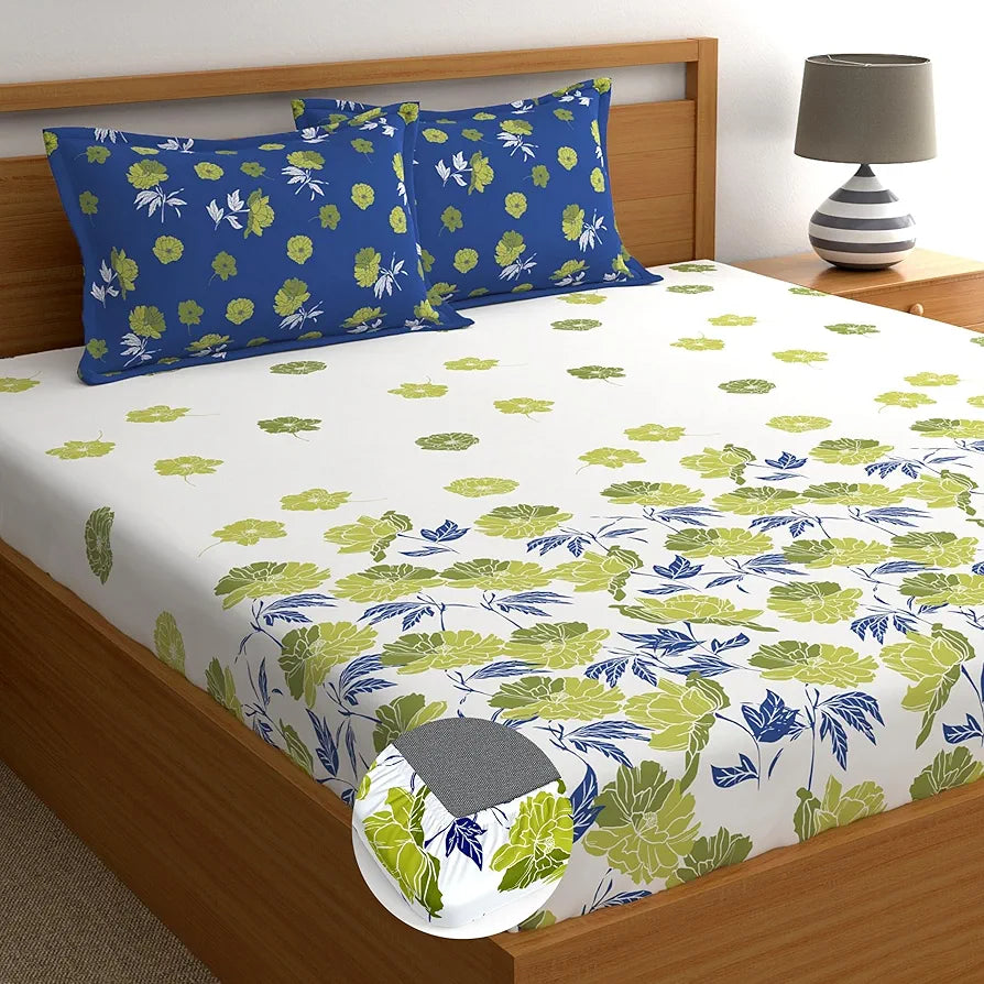 Dreamscape 100% Cotton King Fitted Bedsheet with 2 Pillow Covers, 140 tc Cotton Floral Blue Bedsheet for King Fitted Bed 