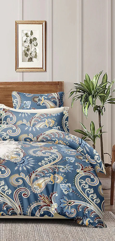 THE HOME STYLE Cotton Feel Glace Cotton Elastic Fitted Printed King Size Double Bed Bedsheet With 2 Pillow Cover,300 TC