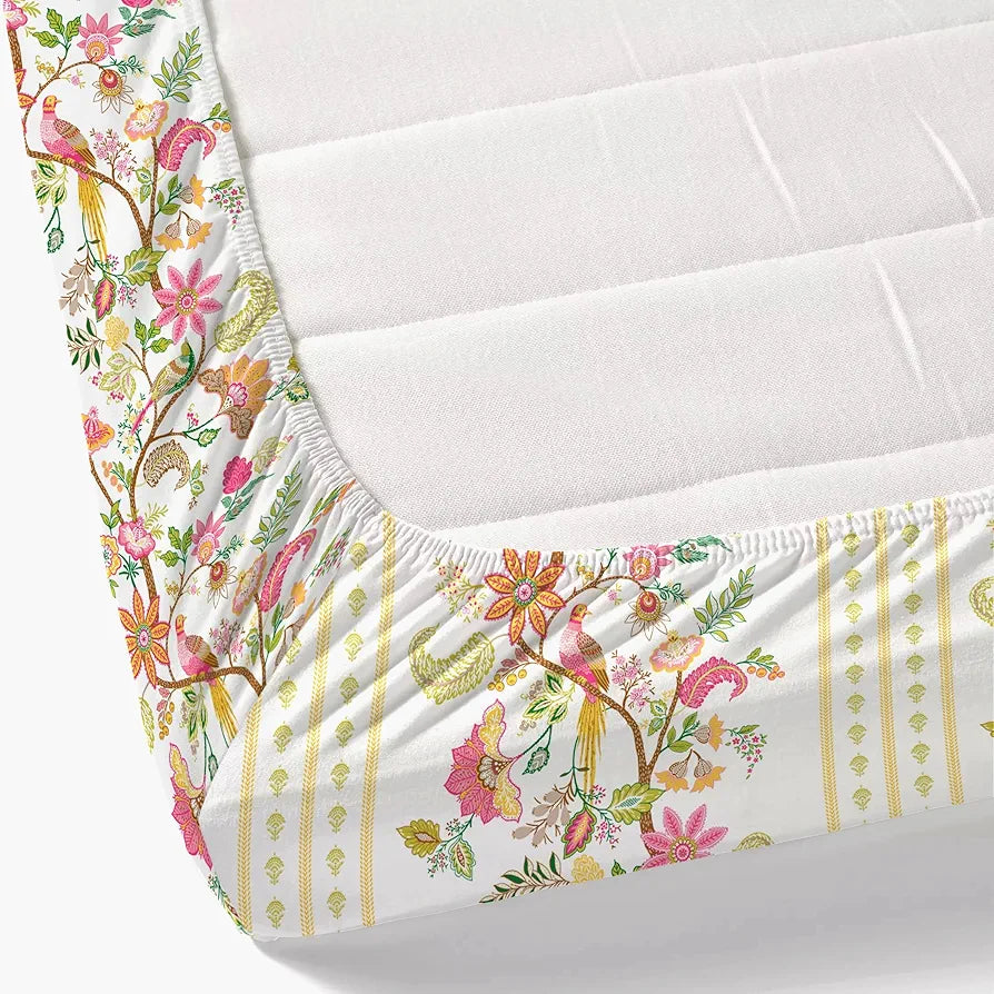 Dreamscape 100% Cotton King Fitted Floral Bedsheet With 2 Pillow Covers - 