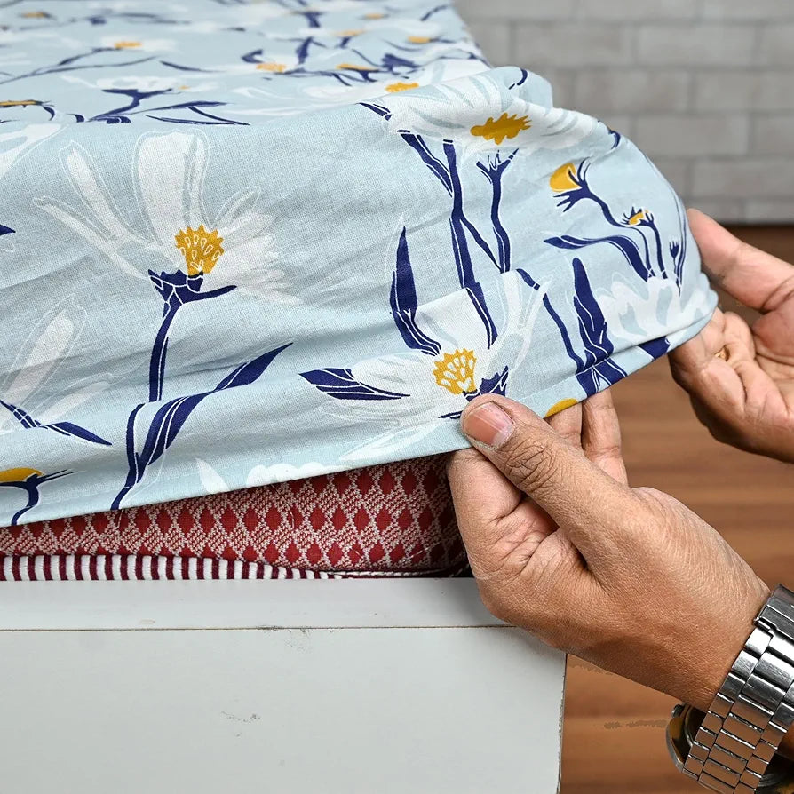 Divine Casa Floret 100% Cotton Double Fitted Bedsheet | 144 TC | Deep Pocket Design | Soft & Breathable Fabric | Durable & Easy Care | 200 x 150 + 25 CM, Water Orchid