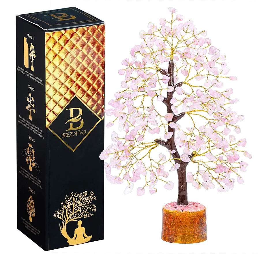 BEZAVO Rose Quartz Crystal Tree – Feng Shui Love & Prosperity Tree for Home Decorations | Seven Chakra Tree | Antique Marriage Gift – 10-12 Inch 