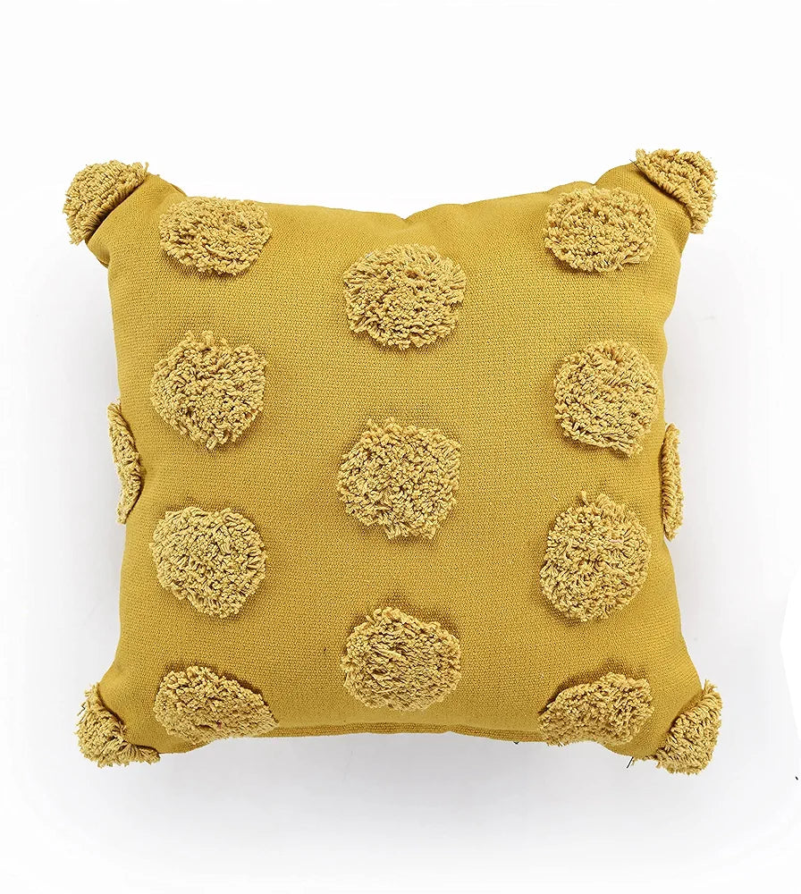SASHAA WORLD Cotton Tufted Dots Cushion Cover | Mustard Boho Decorative Pillow Cover for Sofa, Living Room, or Bed | Zipper Closure, Elegant Chic Design | 18x18 Inches