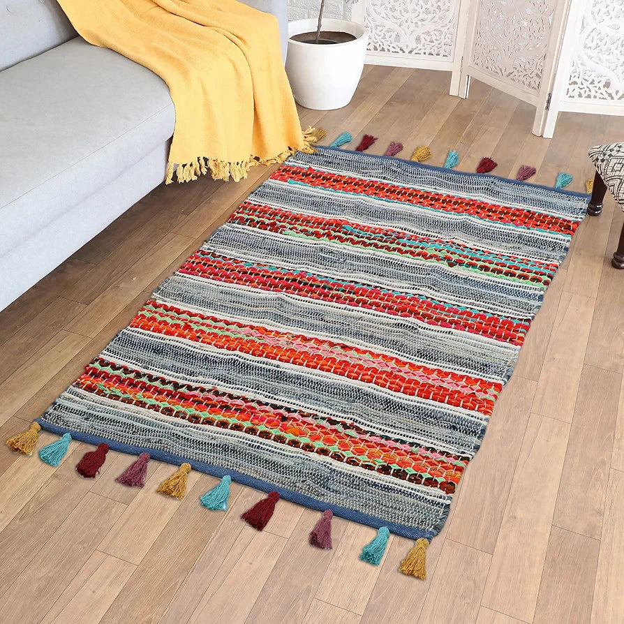 THE HOME TALK Handmade Cotton Carpets | Tribal Contemporary Decorators | Area Rugs for Bedroom, Center Table, Living Room, Drawing Room, Hall | Machine Washable | 90x150 cm | Denim Blue