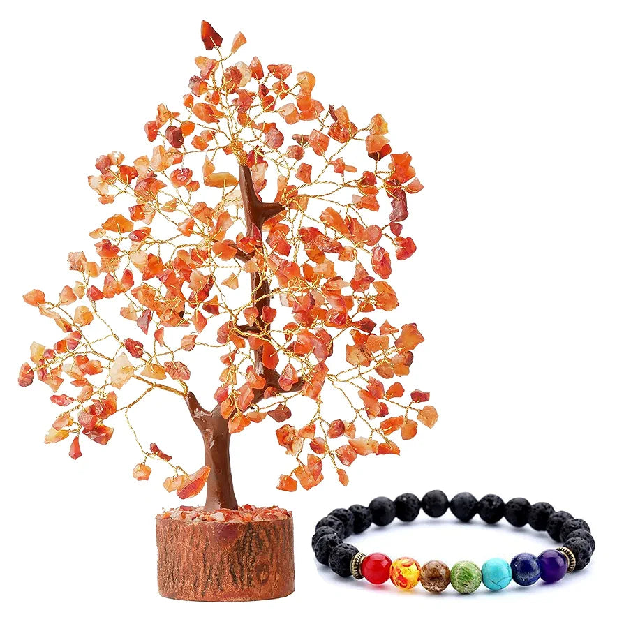 Reikved Carnelian Crystal Natural Gemstone Carnelian Gold Bonsai Money Tree with Chakra Bracelet for Reiki Healing Good Luck, Home, Office Decor 300 Beads, Size 10-12 Inches