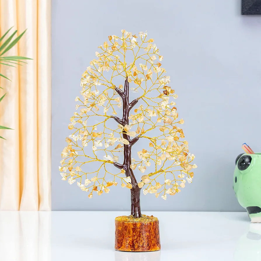 HindCraft Citrine Gemstone Crystal Tree Good Luck Showpiece for Home Decor Items Crystals Gemstones Bonsai Money Tree for Good Luck, Decoration Gift Item, Golden Wire, 10-12 inch