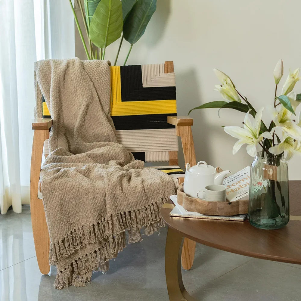 SASHAA WORLD Weaved Beige Cotton Throw | Ideal for Your Home, Living Room, Sofa, Bed, Chair, Picnic & Used for Gift | 130X180 cm| TC - 125