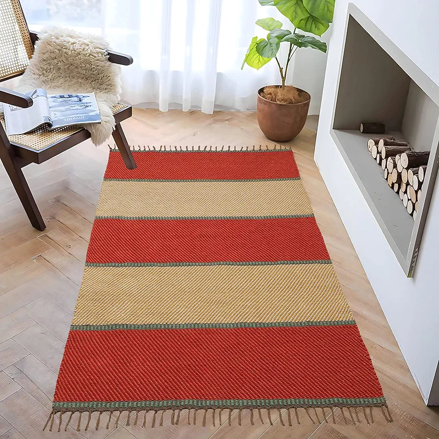 THE HOME TALK Rectangular Handmade Cotton Contemporary Carpets with Fringes | Area Rugs Bedroom, Center Table, Living Room, Drawing Room| Machine Wash | 3 X 5 FEET | Multicolor