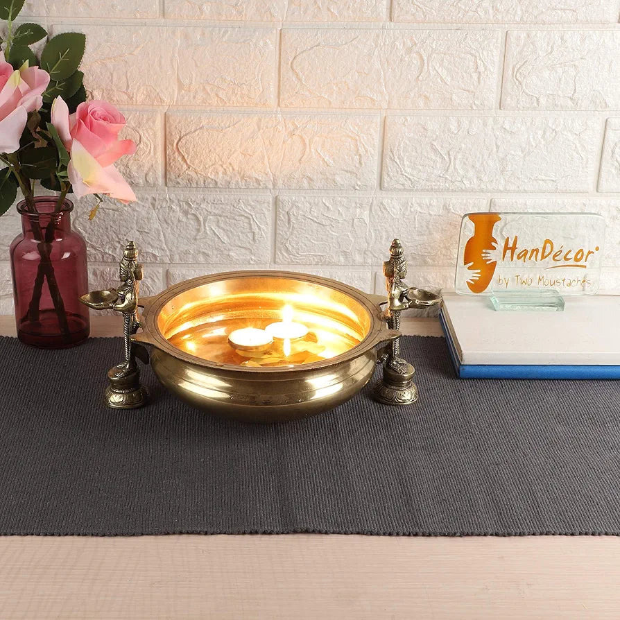 Two Moustaches Deep Laksmi Design Brass Traditional Urli Bowl Decor Showpiece, Golden, Standard