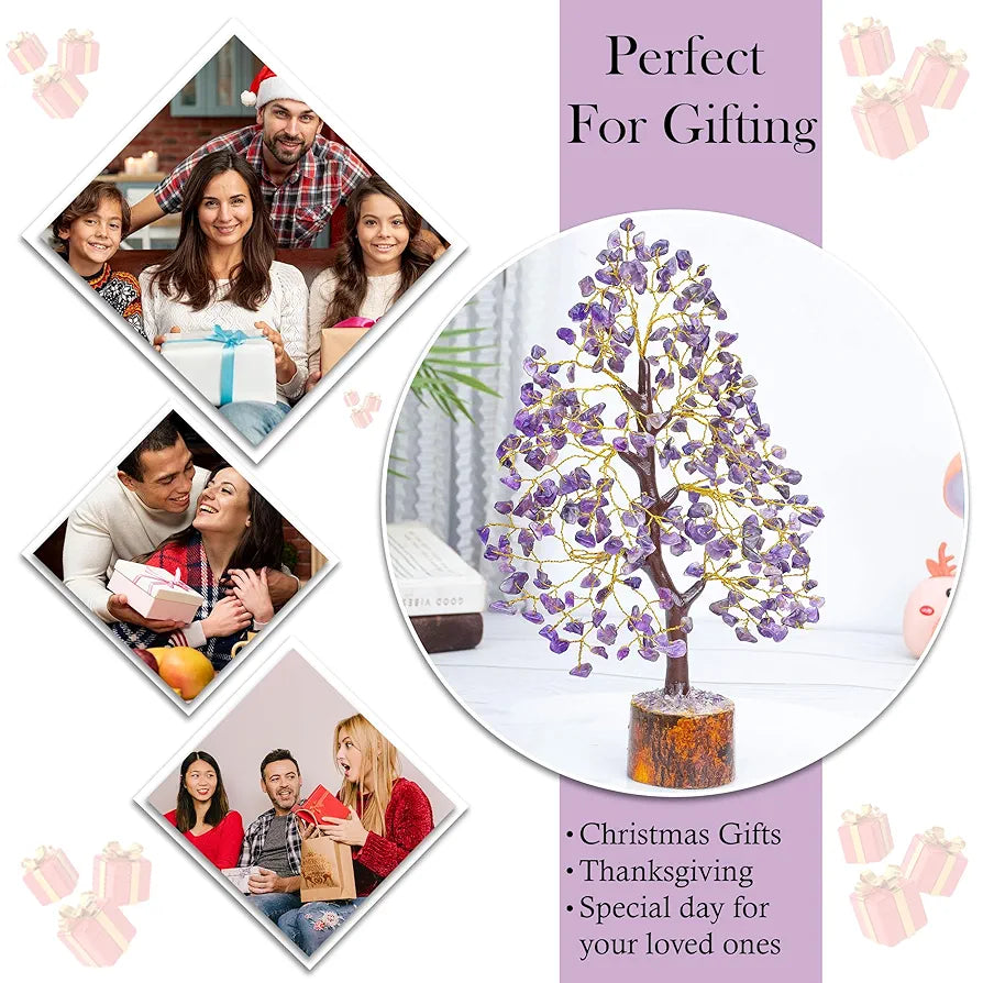 HindCraft Amethyst Chakra Crystal Tree Good Luck Showpiece for Home Decor Items Crystals Gemstones Bonsai Money Tree for Good Luck, Decoration Gift Item, Golden Wire, 10-12 inch