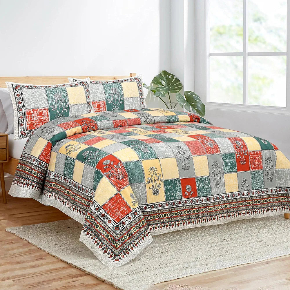 Kuber Industries Double Bedsheet with 2 Pillow Covers | 160 TC Premium Cotton Bedsheet for Double Bed | Bedsheet for Living Room-Home & Hotels | Candy Flower | 100x108 Inch | Green & Yellow