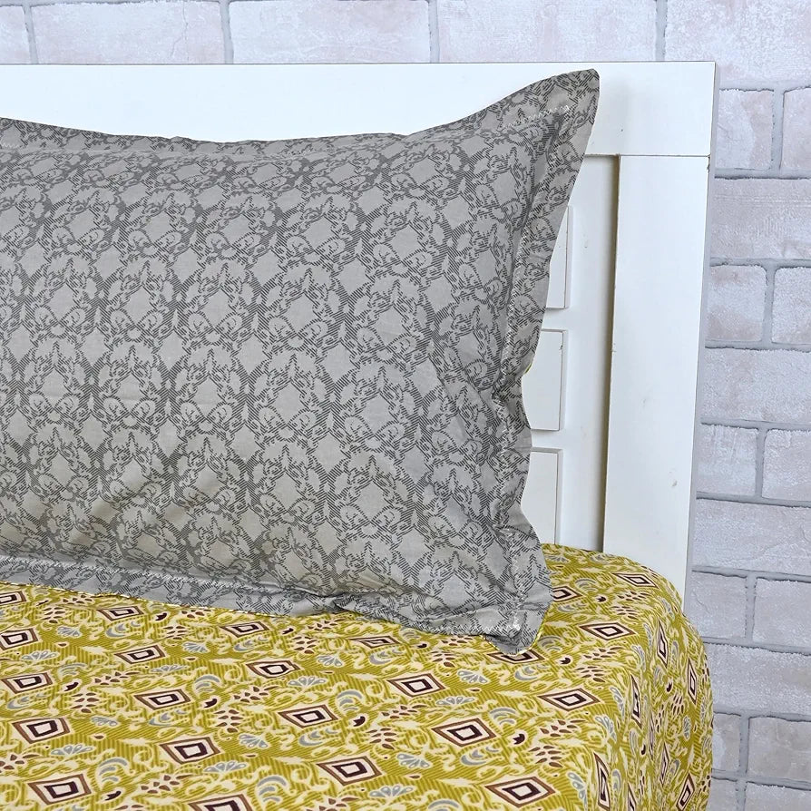 Divine Casa 144 TC Pure Cotton Single Size Bedsheet with 1 Pillow Cover | Soft, Durable & Skin-Friendly Fabric for All-Season Comfort | Size 223 x 145 CM | Geometric Diamond Print | Golden Lime Grey