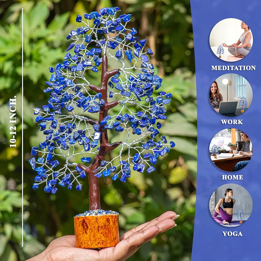 Hindcraft Lapis Lazuli Crystal Tree Home Decor Showpieces for Good Luck Money Crystal Tree Gift Items Office Bedroom Decor Wedding Gift, Silver Wire, 10-12 inch
