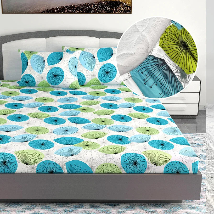 Divine Casa 144 TC 100% Cotton Floral Green Breathable Bedsheet King Size Bed Cotton Elastic Fitted - 78 x 72 inches