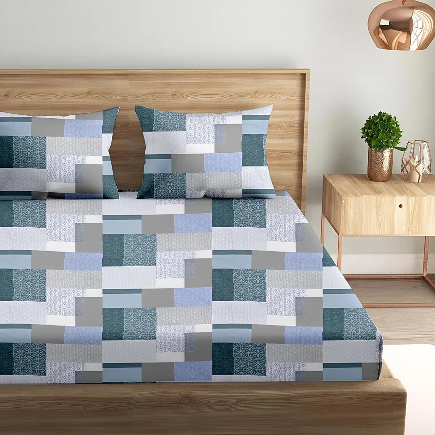 Trance Home Linen 100% Cotton 144TC Elastic Fitted Bedsheet | Printed King Bed Size Elasticated Fitted Bedspread with 2 Pillow Covers 