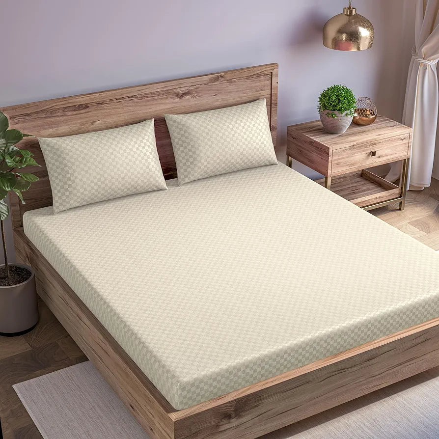 Trance Home Linen 100% Cotton Jacquard Weave Fitted Bedsheet for King Size Bed with 2 Pillow Cover - Premium 300TC, Skin Friendly 