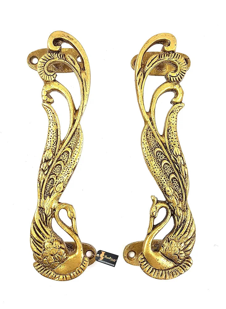 Two Moustaches Peacock Design 7 Inches Brass Door Handle Pair - Antique Yellow, Standard, Pack of 1 - Brass, Pull Handle Pair