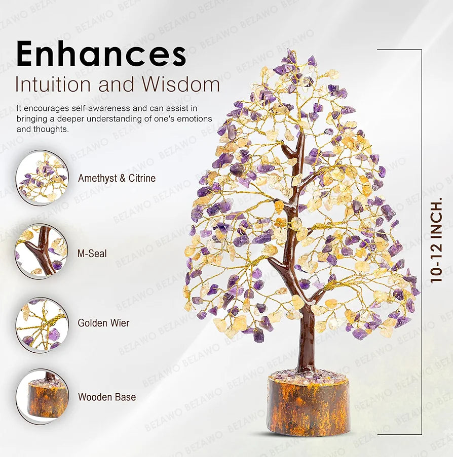 BEZAVO Amethyst & Citrine Crystal Tree | Feng Shui Tree of Life for Healing & Prosperity | Positive Energy Crystal Tree for Home & Office | Ideal Anniversary & Birthday Gift 