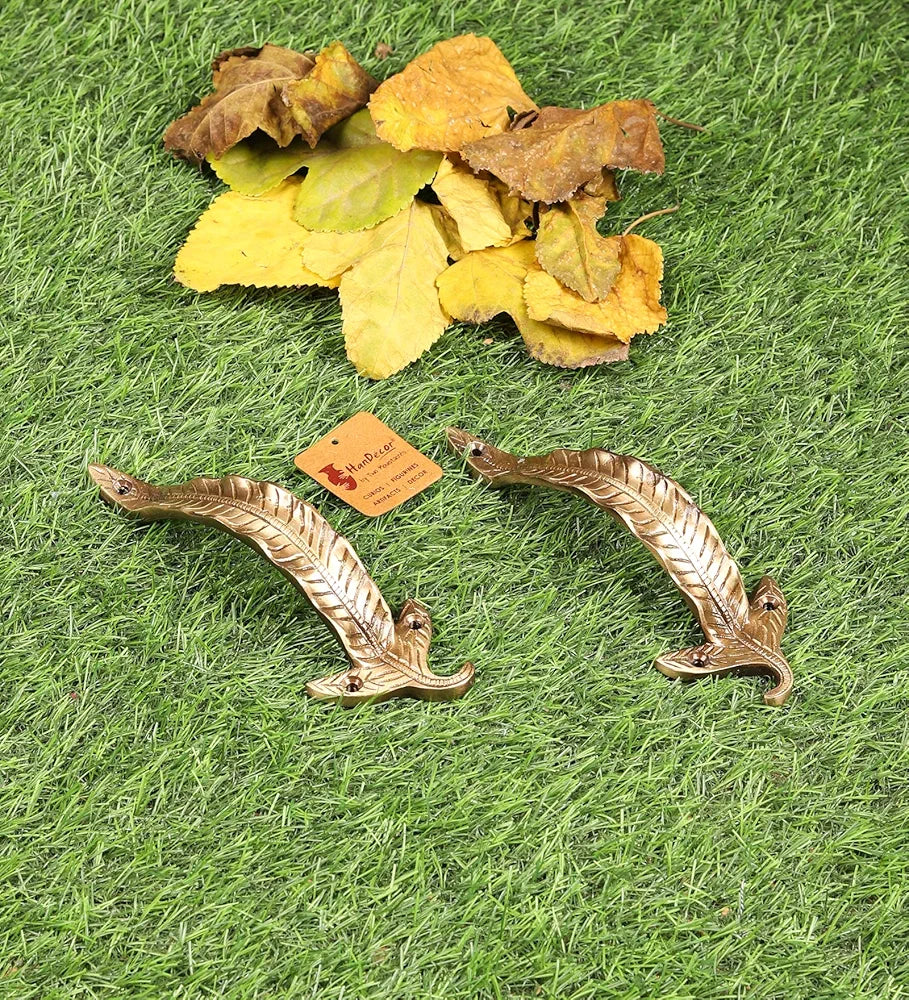 Two Moustaches 7 Inches Leaf Design Brass Door Handle Pair, Brass Pull Handles, Main Door Handle Pairs, Standard, Pack of 2