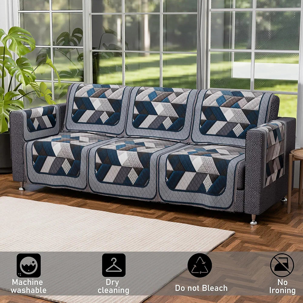 Kuber Industries Set of 16 Velvet Anti-Skid Sofa Cover 5-Seater with Arm Cover | Comfortable Slipcover Sofa Cloth & Furniture Protector for Home Decor | Triangular-Grey & Blue