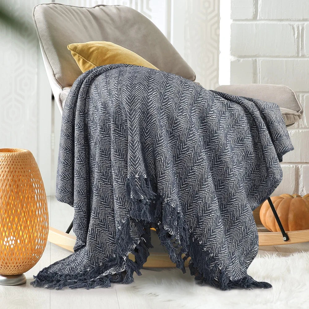 SASHAA WORLD Soft Herringbone Throw Blanket | Used Both Indoor and Outdoor |Blanket for Living Room, Sofa, Bed & Chair | Navy Throw Blanket| Pack of 1, 180 x130 cm