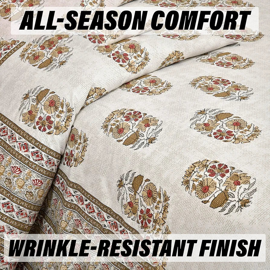 Kuber Industries Double Bedsheet with 2 Pillow Covers | 160 TC Premium Cotton Bedsheet for Double Bed | Bedsheet for Living Room-Home & Hotels | Dezier Flower Boota | 90x108 Inch | Beige