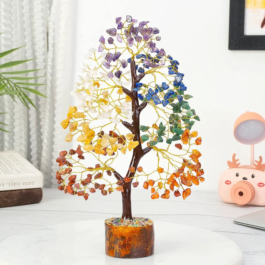 ZAICUS Seven Chakra Crystal Tree of Life Stone Fortune Feng Shui Bonsai for Good Luck, Wealth & Prosperity Home Decorations Golden Wire 10-12 Inch