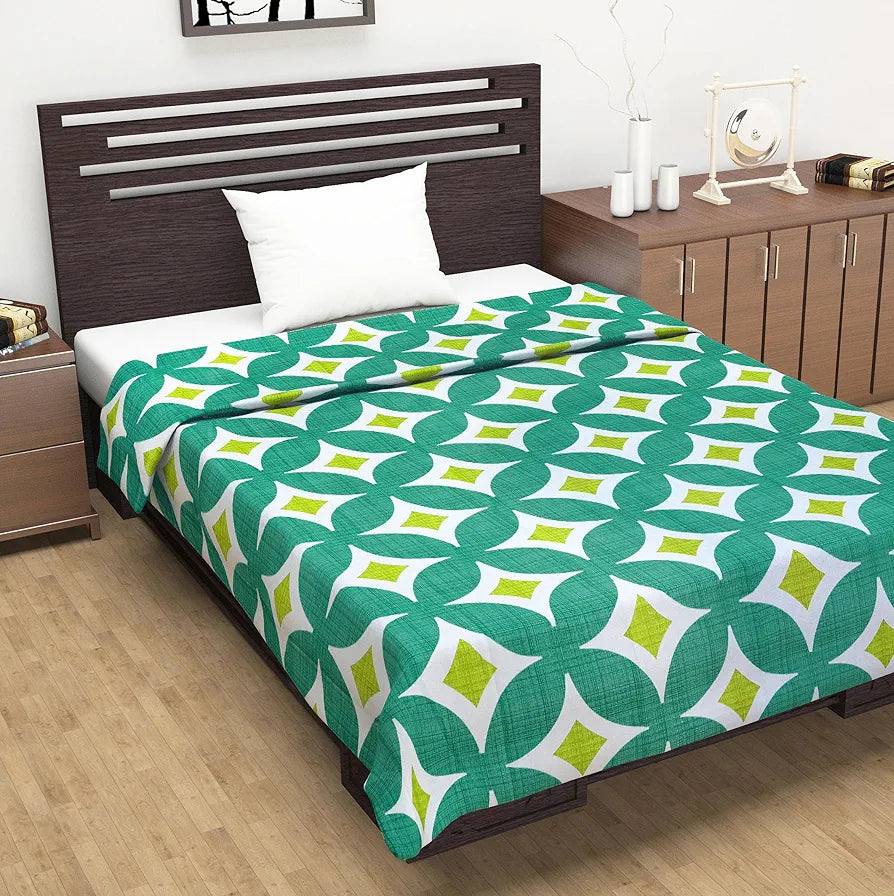 Divine Casa Glace Cotton Single Bed Dohar | 120 GSM Lightweight AC Blanket | Reversible Summer Quilt | 210 x 140 CM, Turquoise Blue & Leaf Green