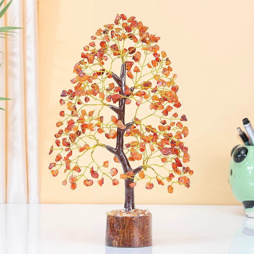 HindCraft Carnelian Chakra Crystal Tree Good Luck Showpiece for Home Decor Items Crystals Gemstones Bonsai Money Tree for Good Luck, Decoration Gift Item, Golden Wire, 10-12 inch
