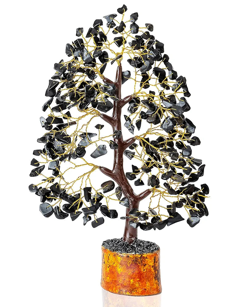 Hindcraft Black Tourmaline Crystal Tree Good Luck Showpiece for Home Decor Items Crystals Gemstones Bonsai Money Tree for Good Luck, Decoration Gift Item, Golden Wire, 10-12 inch