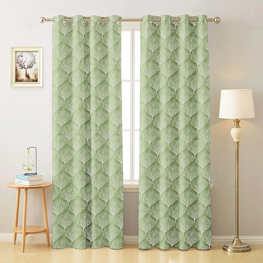Cloth Fusion Jacquard Long Door Curtain 9 feet Set of 2 | Heavy Polyester Premium Parda | Damask Weave Curtain | Root, Green, Washable