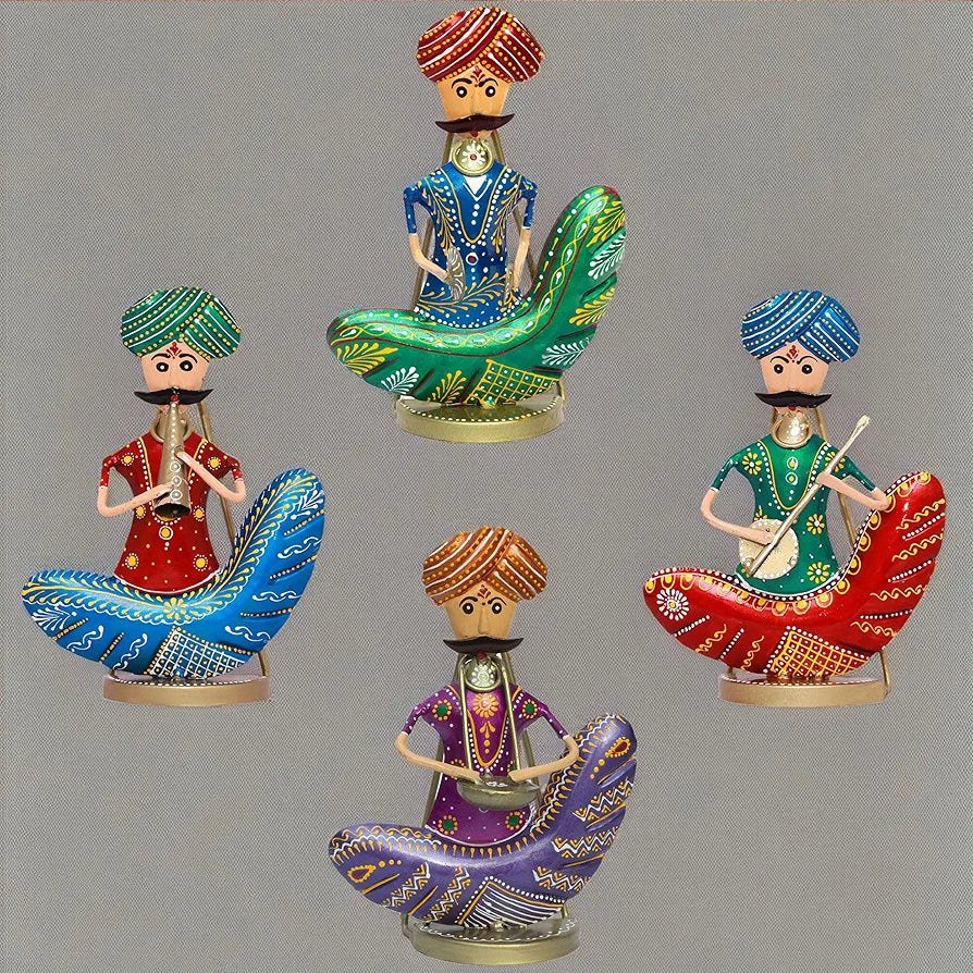 KRAFTSKALA Rajasthani Moustache Musicians - Hand-Painted Decorative Showpiece Set of 4 Musical Statues - Vibrant Tabletop & Wall-Mountable Figurines