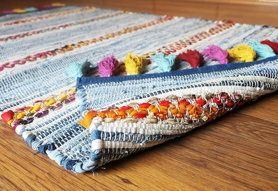 THE HOME TALK Handmade Cotton Carpets | Tribal Contemporary Decorators | Area Rugs for Bedroom, Center Table, Living Room, Drawing Room, Hall | Machine Washable | 90x150 cm | Denim Blue