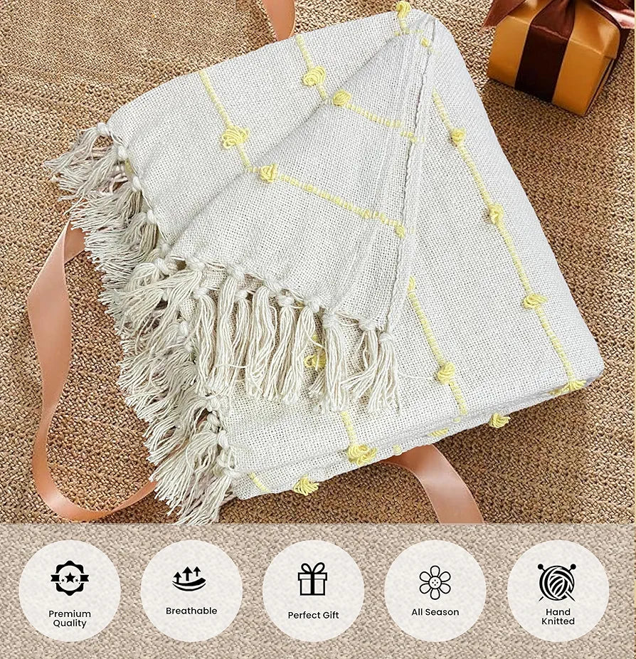 SAJAVAT HOME Hand-Knitted Pure Cotton 3 Seater Sofa Throw | 80x52 Inches/204x132 Cm | Beige & Yellow Throw for Sofa, Bed, Chair & Travel - Ideal for All Season | Pack of 1