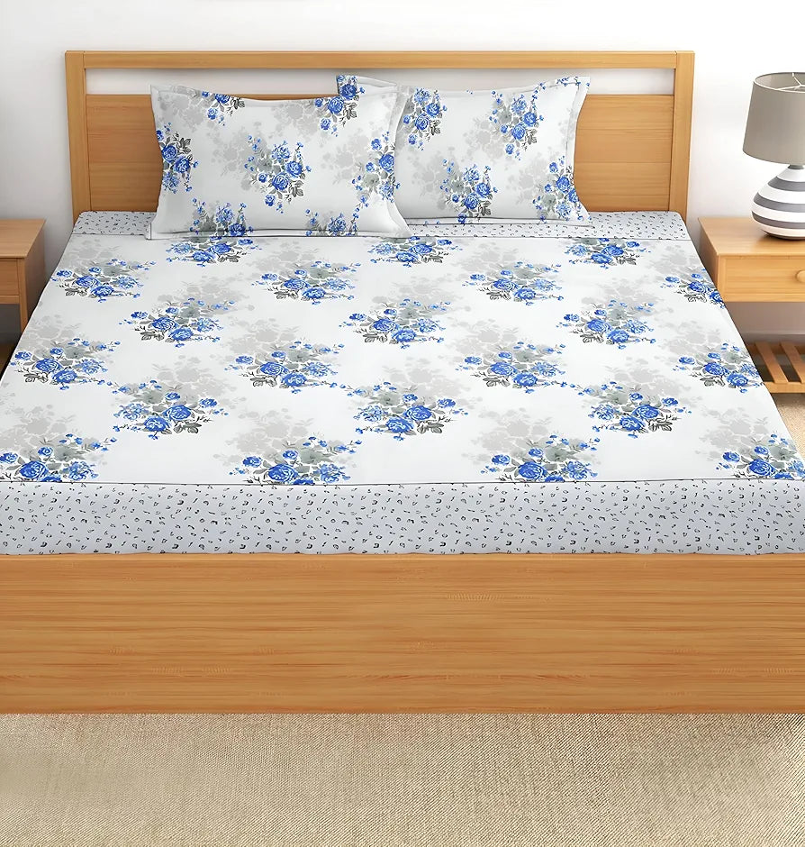 Polycotton 220 TC Floral Printed King Size Double Bedsheet with 2 Pillow Covers, (90 x 90 Inches, Ristes