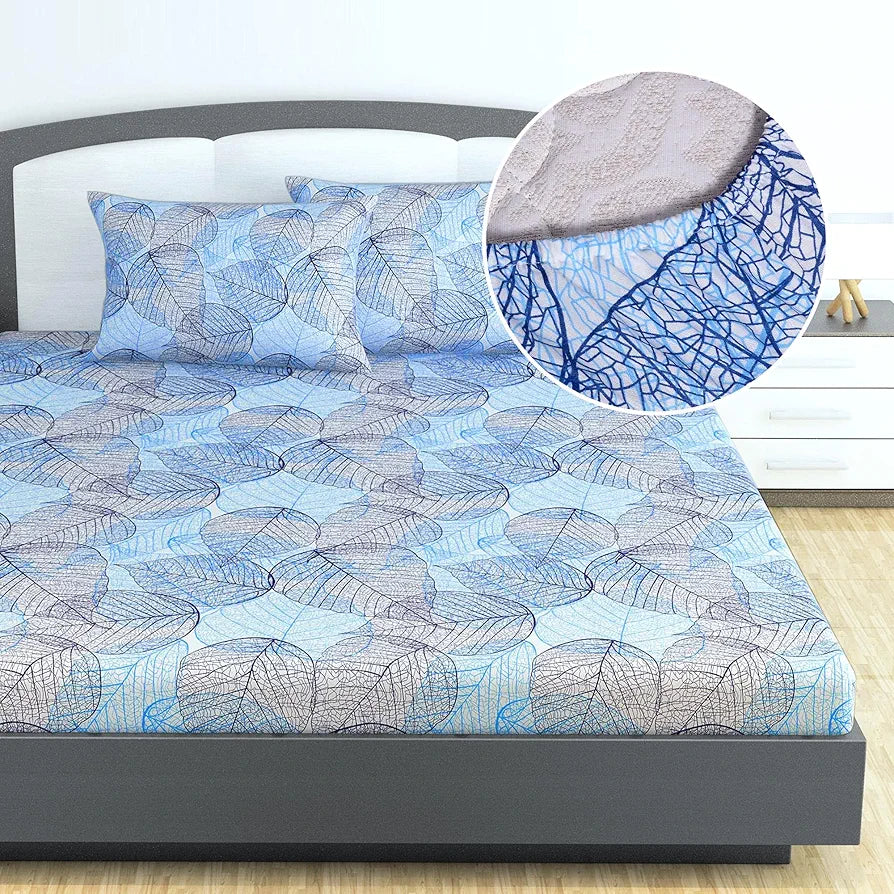 Divine Casa 144 TC Cotton Fitted Bedsheet for King Bed | Floral Print – Blue | Skin-Friendly & Breathable | Elastic Fit | 100% Cotton | Size 78 x 72 inches