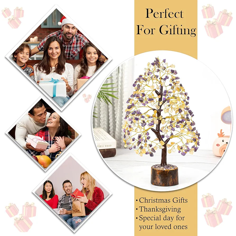 HindCraft Amethyst & Citrine Crystal Tree Good Luck Showpiece for Home Decor Items Crystals Gemstones Bonsai Money Tree for Good Luck, Decoration Gift Item, Golden Wire, 10-12 inch